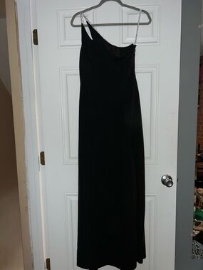 David's Bridal Black One-Shoulder Evening Gown with Rhinestone Strap